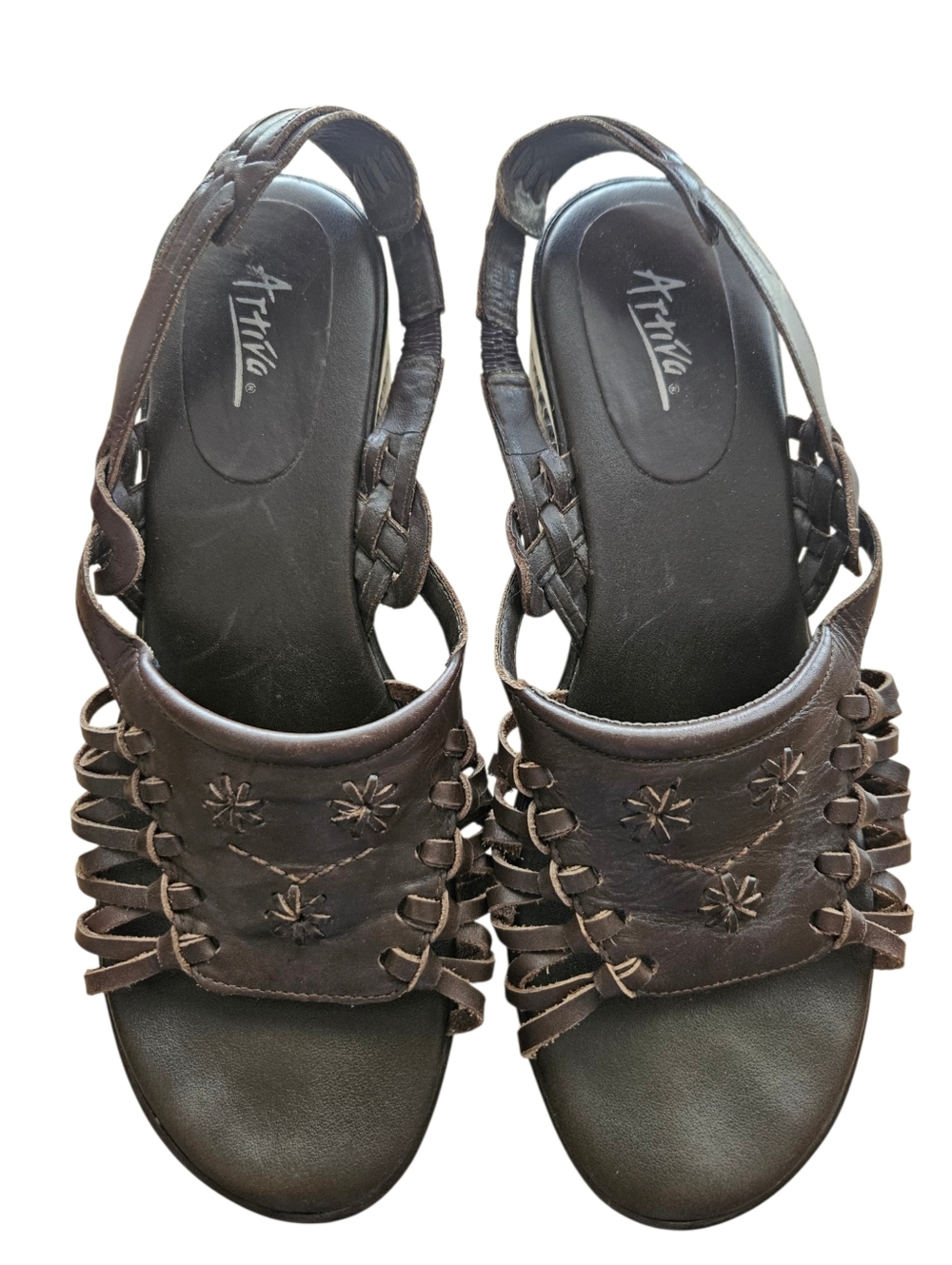 Artiva Brown‎ Leather Slingback Sandals Woven Cutout Detail Comfort Shoes Sz 11